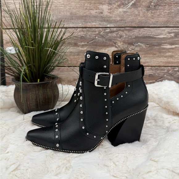Antonio Melani Black Leather Block Heel Studded Ankle Boots with Buckle closure - Picture 2 of 16